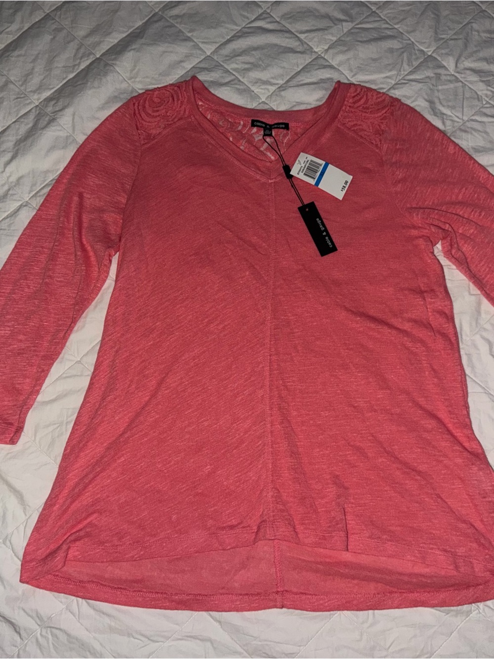 Cable & Gauge Coral Pink V-Neck Lace Shoulder Long Sleeve Top
